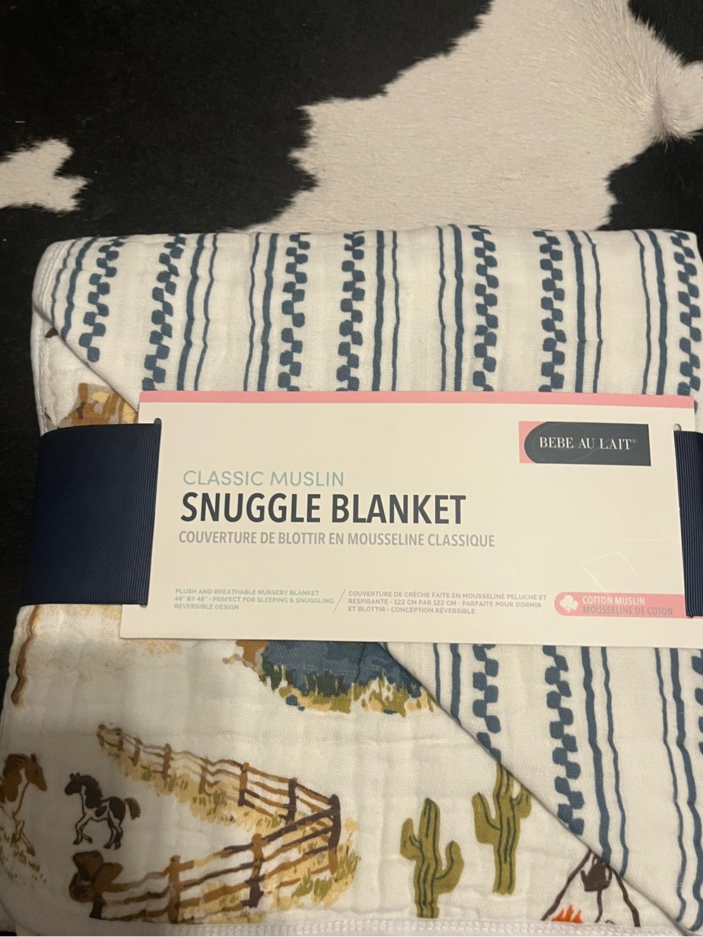 Bebe au Lait White Navy and Tan Western Print Classic Muslin Snuggle Blanket